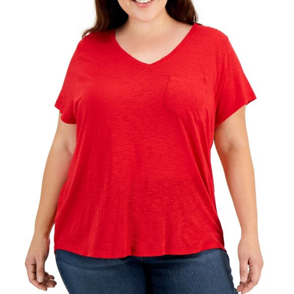 Style & Co Basic Red Shirt Lightweight Plus 1X Cotton Blend Short Sleeve V-Neck - Picture 1 of 10